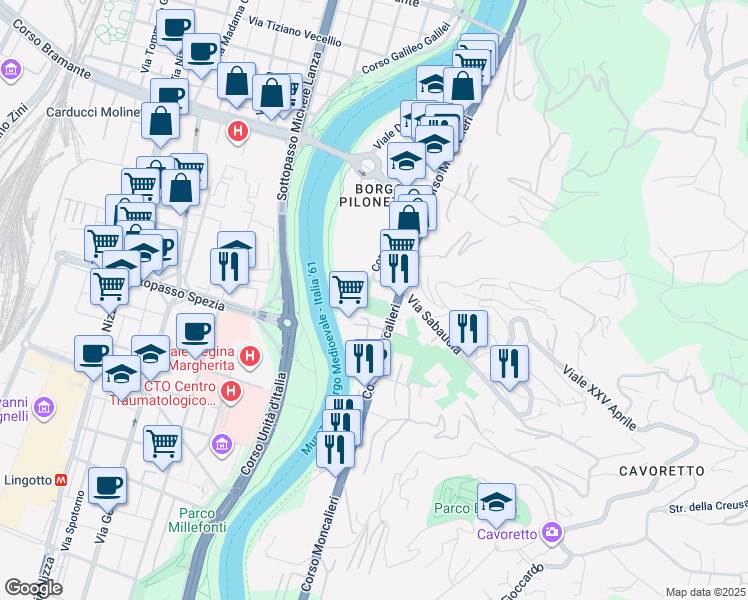 map of restaurants, bars, coffee shops, grocery stores, and more near 12 Via Villa Glori in Torino