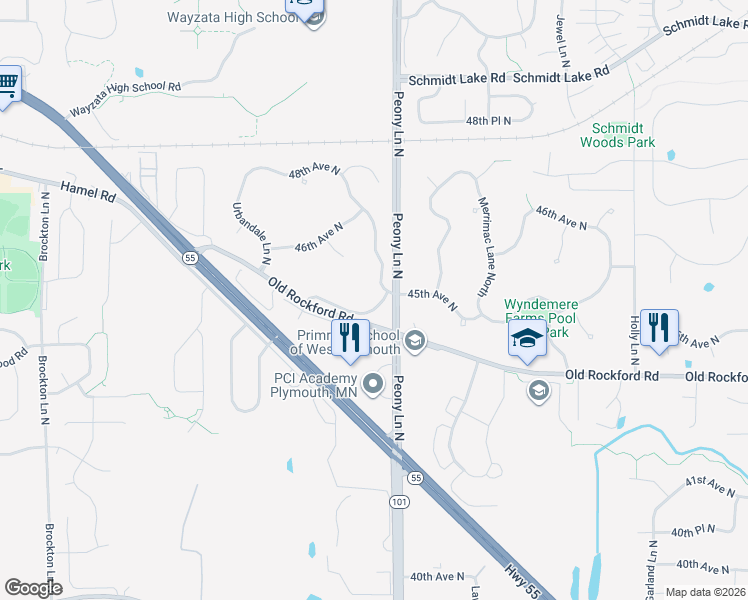 map of restaurants, bars, coffee shops, grocery stores, and more near 18015 45th Avenue North in Minneapolis