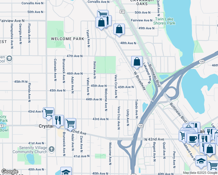 map of restaurants, bars, coffee shops, grocery stores, and more near 4514 Welcome Avenue North in Minneapolis