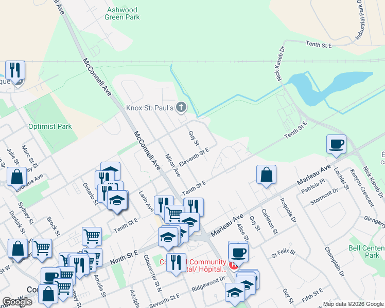 map of restaurants, bars, coffee shops, grocery stores, and more near 712 Eleventh Street East in Cornwall