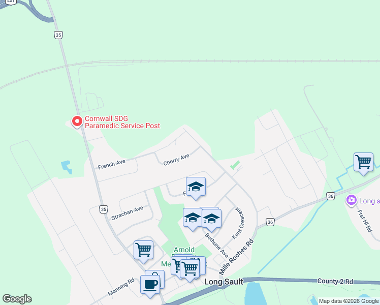 map of restaurants, bars, coffee shops, grocery stores, and more near 89 Mille Roches Road in Stormont, Dundas and Glengarry United Counties