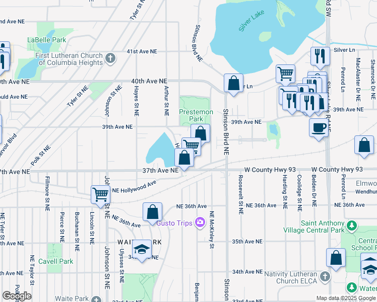 map of restaurants, bars, coffee shops, grocery stores, and more near 3801 Hart Boulevard in Columbia Heights