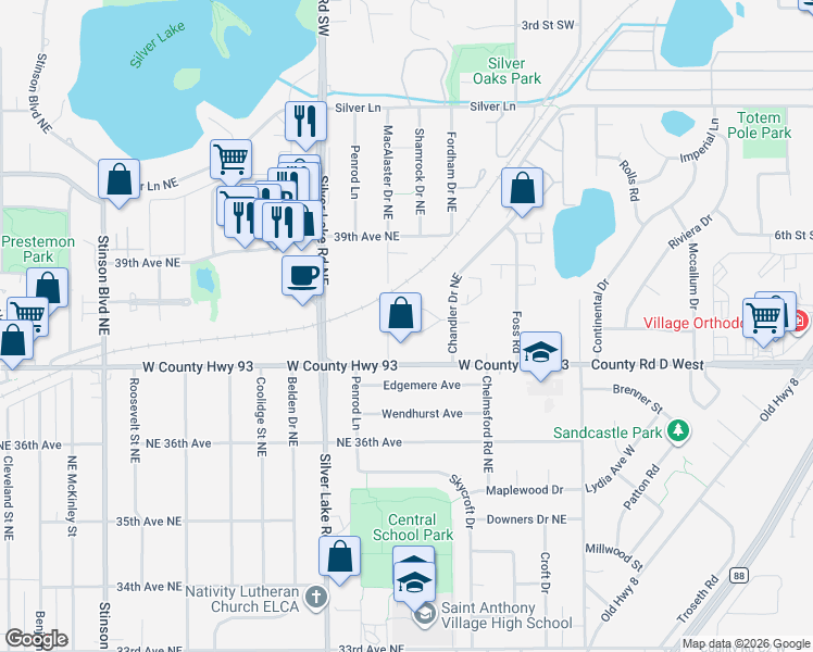 map of restaurants, bars, coffee shops, grocery stores, and more near 0 40 1/2 Street Northeast in Fridley