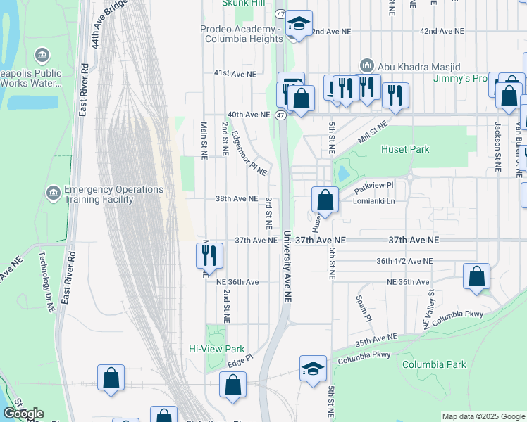 map of restaurants, bars, coffee shops, grocery stores, and more near 3800 3rd Street Northeast in Minneapolis