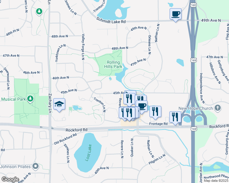 map of restaurants, bars, coffee shops, grocery stores, and more near 10400 45th Avenue North in Plymouth