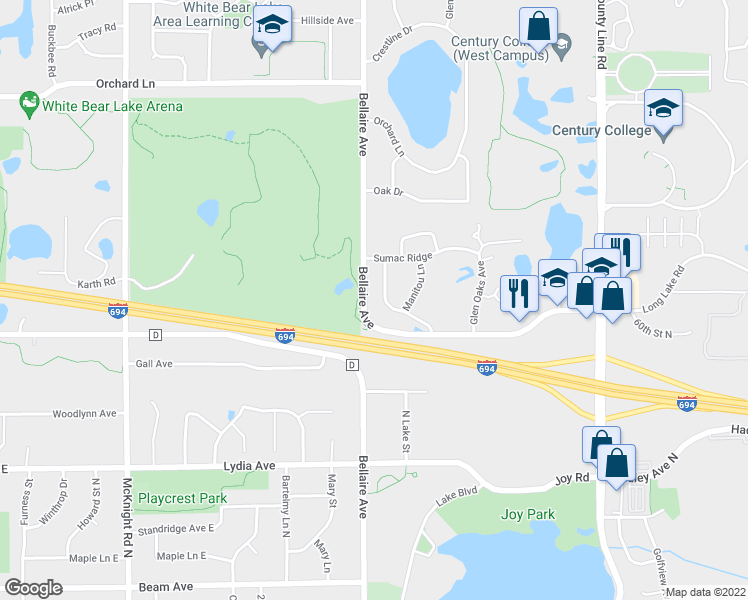 map of restaurants, bars, coffee shops, grocery stores, and more near 3182 Manitou Drive in White Bear Lake