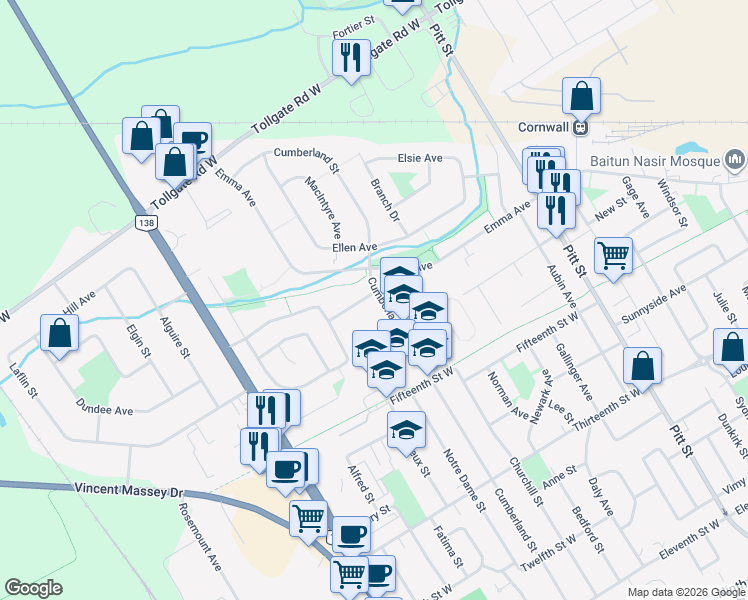 map of restaurants, bars, coffee shops, grocery stores, and more near 402 Cline Avenue in Cornwall