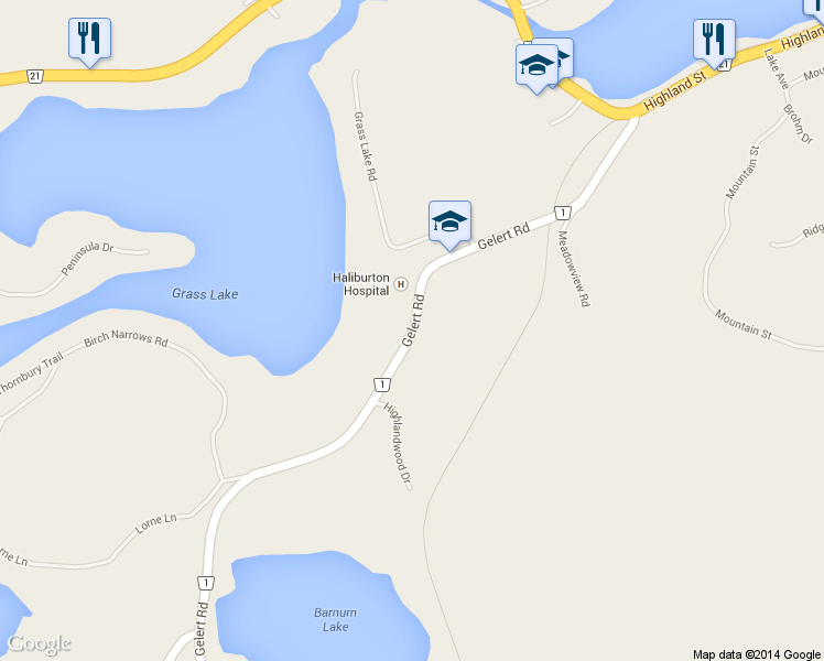 map of restaurants, bars, coffee shops, grocery stores, and more near 7177 Gelert Road in Haliburton County