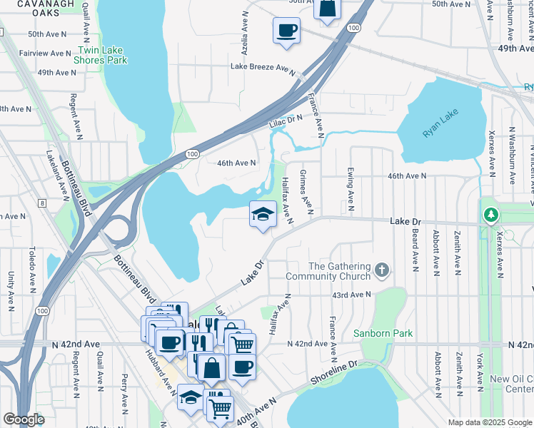 map of restaurants, bars, coffee shops, grocery stores, and more near 4545 Halifax Avenue North in Robbinsdale