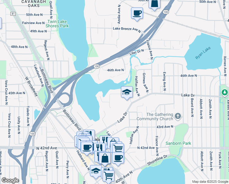 map of restaurants, bars, coffee shops, grocery stores, and more near 4227 46th Avenue North in Robbinsdale
