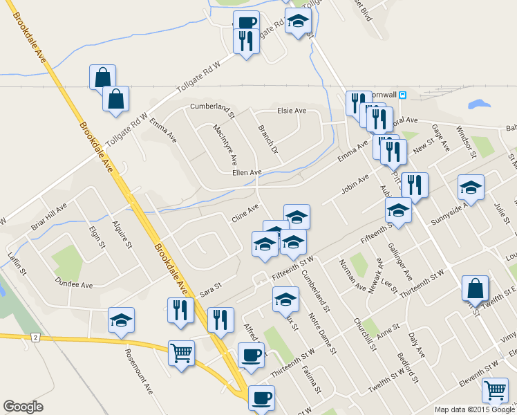 map of restaurants, bars, coffee shops, grocery stores, and more near 402 Cline Avenue in Cornwall