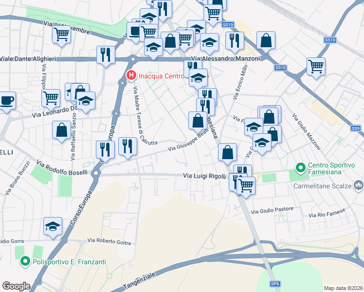 map of restaurants, bars, coffee shops, grocery stores, and more near Via Maria Macellari in Piacenza