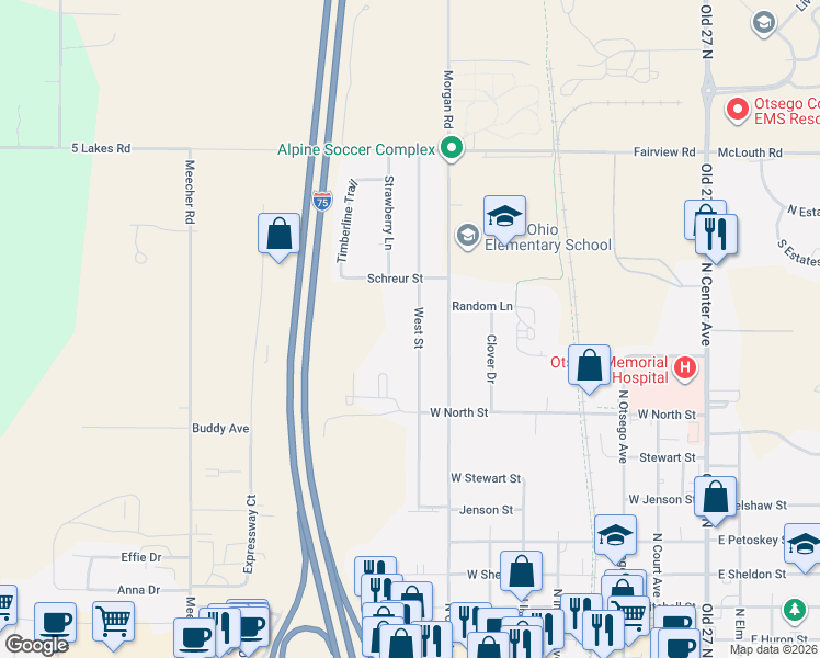 map of restaurants, bars, coffee shops, grocery stores, and more near 419-899 West Street in Gaylord