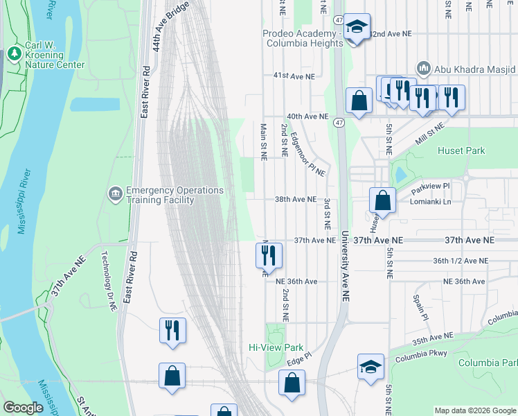 map of restaurants, bars, coffee shops, grocery stores, and more near 81 38th Avenue Northeast in Minneapolis