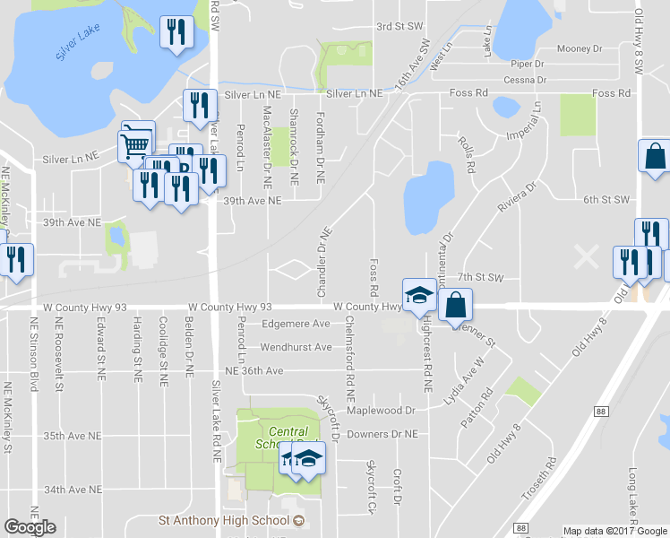 map of restaurants, bars, coffee shops, grocery stores, and more near 3801 Chandler Drive Northeast in Minneapolis