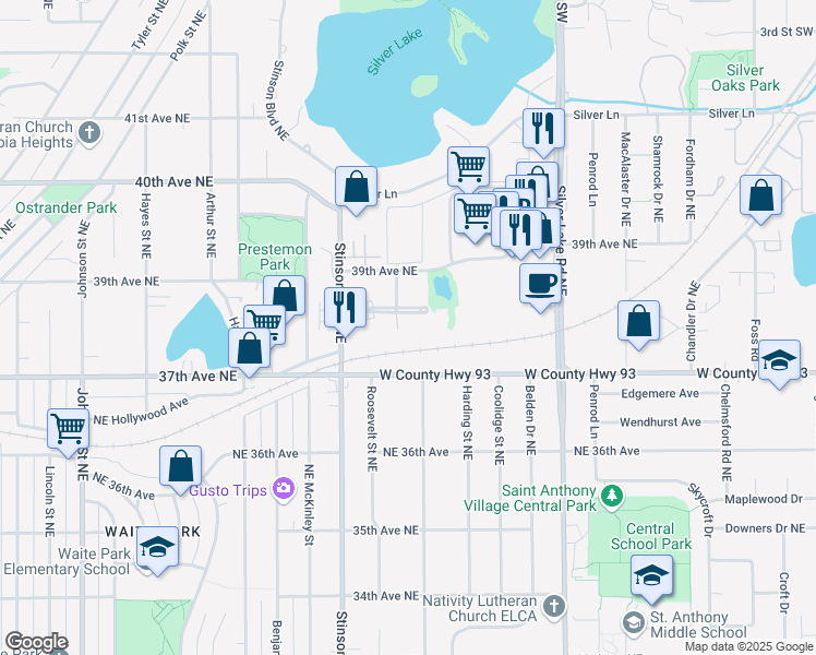map of restaurants, bars, coffee shops, grocery stores, and more near 2551 38th Avenue Northeast in Saint Anthony