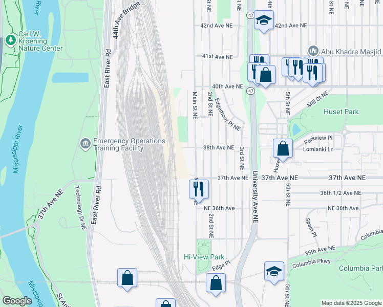 map of restaurants, bars, coffee shops, grocery stores, and more near 81 38th Avenue Northeast in Minneapolis