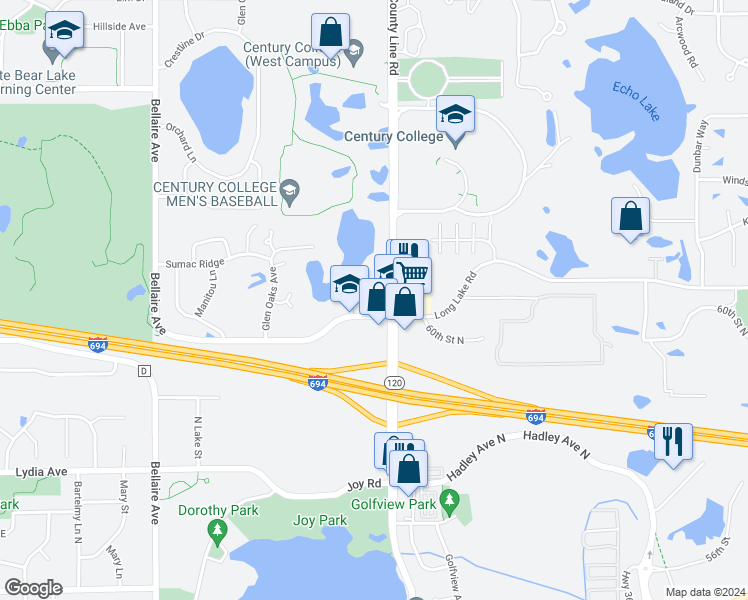 map of restaurants, bars, coffee shops, grocery stores, and more near 2730 Century Avenue North in White Bear Lake