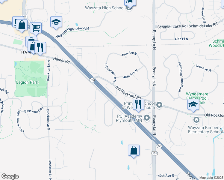 map of restaurants, bars, coffee shops, grocery stores, and more near 18405 Old Rockford Road in Plymouth
