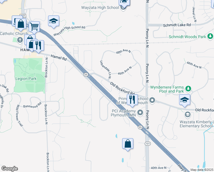 map of restaurants, bars, coffee shops, grocery stores, and more near 18405 Old Rockford Road in Plymouth