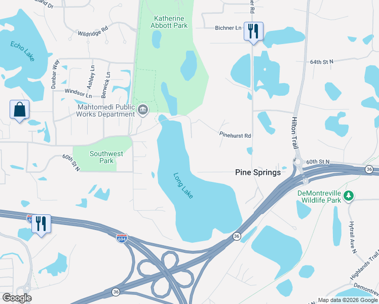 map of restaurants, bars, coffee shops, grocery stores, and more near 77 Long Lake Road in Saint Paul