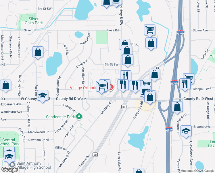 map of restaurants, bars, coffee shops, grocery stores, and more near 900 County Road D West in New Brighton