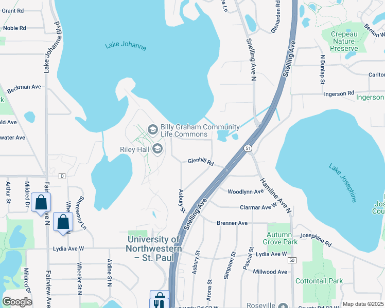 map of restaurants, bars, coffee shops, grocery stores, and more near 1528 Edgewater Avenue in Arden Hills