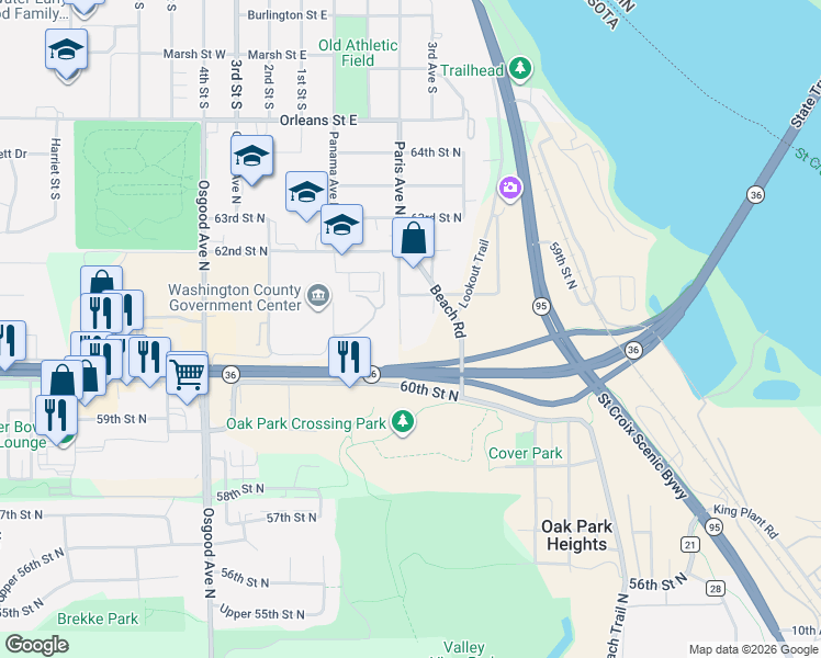 map of restaurants, bars, coffee shops, grocery stores, and more near 6111 Paris Avenue North in Stillwater