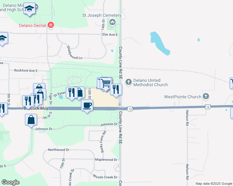 map of restaurants, bars, coffee shops, grocery stores, and more near 1472 Babcock Boulevard in Delano