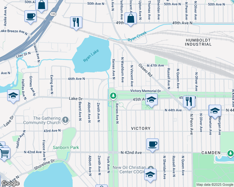map of restaurants, bars, coffee shops, grocery stores, and more near 4499 Victory Memorial Drive in Minneapolis