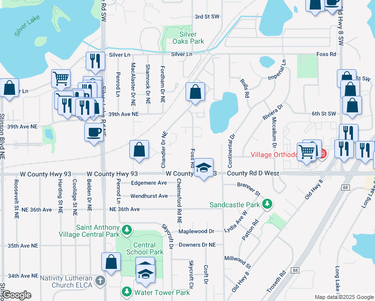 map of restaurants, bars, coffee shops, grocery stores, and more near 3728 Foss Road in Saint Anthony