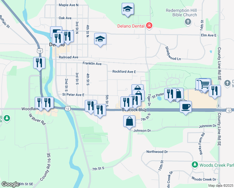 map of restaurants, bars, coffee shops, grocery stores, and more near 225 6th Street South in Delano