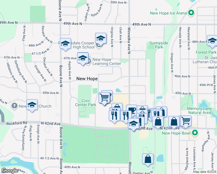 map of restaurants, bars, coffee shops, grocery stores, and more near 8201 46th Avenue North in Minneapolis