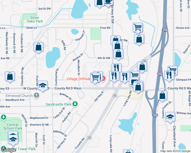 map of restaurants, bars, coffee shops, grocery stores, and more near 904 County Road D West in New Brighton