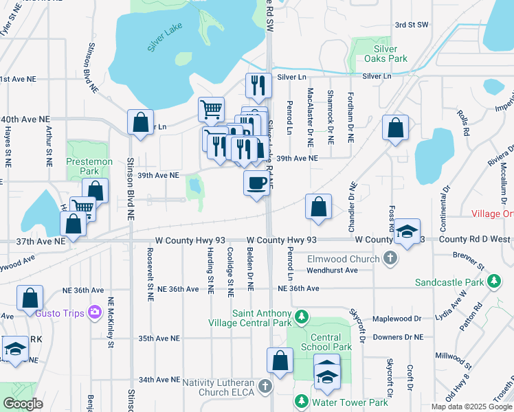 map of restaurants, bars, coffee shops, grocery stores, and more near 3704 Silver Lake Road Northeast in Minneapolis