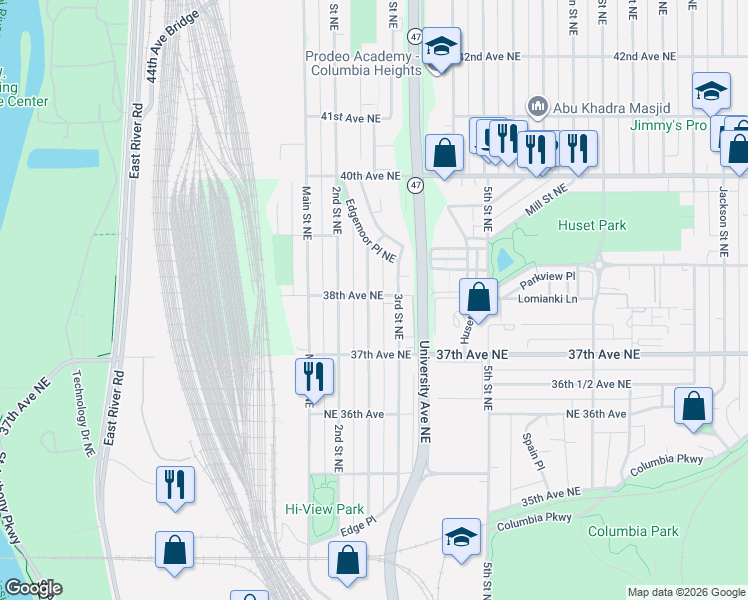 map of restaurants, bars, coffee shops, grocery stores, and more near 3800 2 1/2 Street Northeast in Columbia Heights
