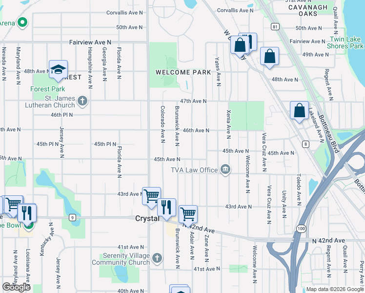 map of restaurants, bars, coffee shops, grocery stores, and more near 4528 Brunswick Avenue North in Minneapolis