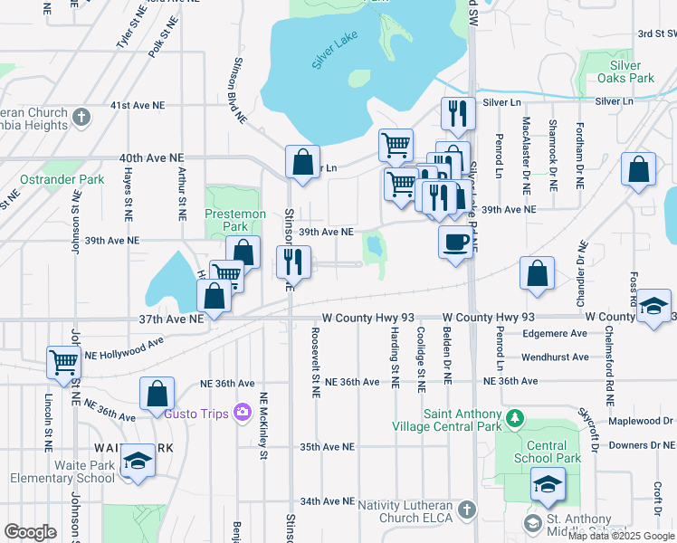map of restaurants, bars, coffee shops, grocery stores, and more near 2551 38th Avenue Northeast in Saint Anthony