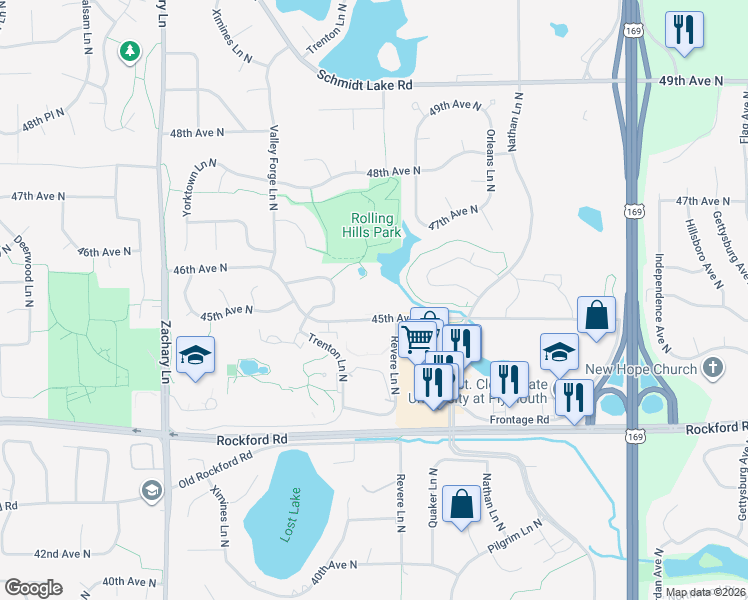 map of restaurants, bars, coffee shops, grocery stores, and more near 10400 45th Avenue North in Plymouth