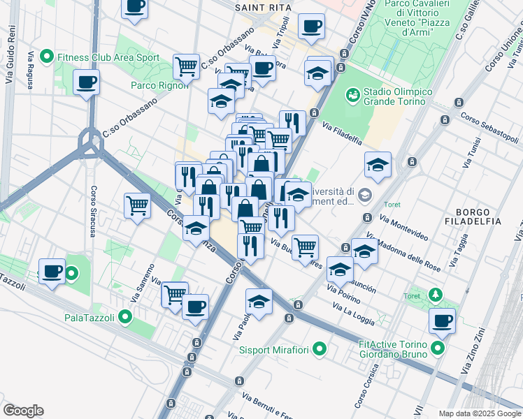 map of restaurants, bars, coffee shops, grocery stores, and more near 94 Corso Giovanni Agnelli in Torino