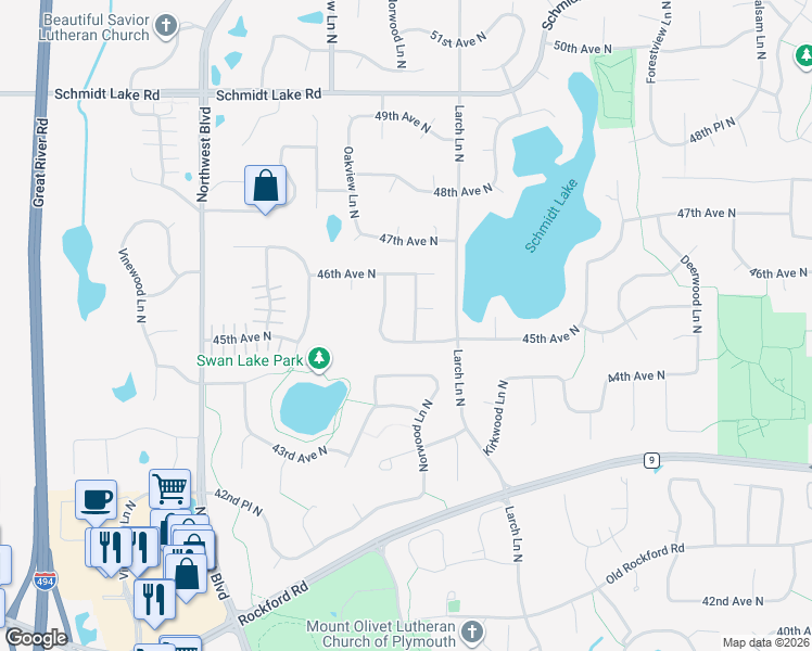 map of restaurants, bars, coffee shops, grocery stores, and more near 4545 Magnolia Lane North in Plymouth