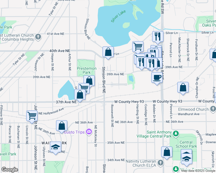 map of restaurants, bars, coffee shops, grocery stores, and more near 3725 Northeast Stinson Boulevard in Minneapolis