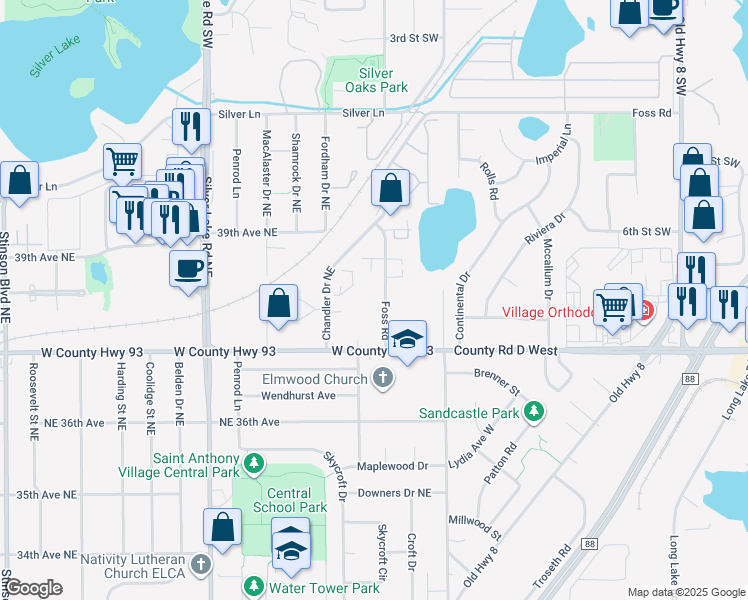 map of restaurants, bars, coffee shops, grocery stores, and more near 3728 Foss Road in Saint Anthony