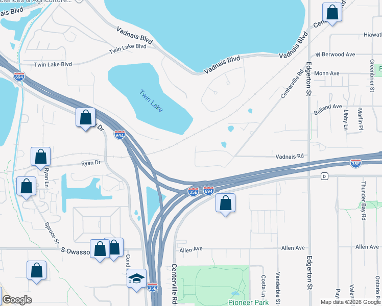 map of restaurants, bars, coffee shops, grocery stores, and more near 3175 Centerville Road in Saint Paul