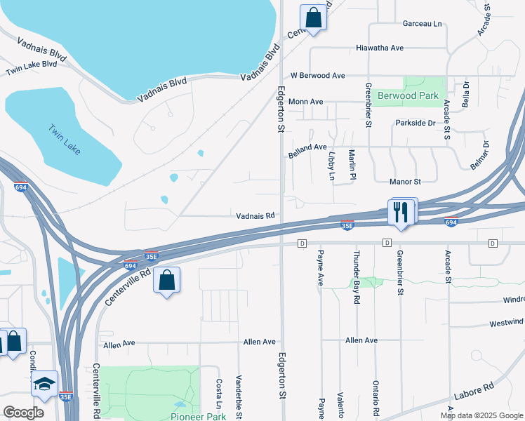 map of restaurants, bars, coffee shops, grocery stores, and more near 545 Vadnais Road in Vadnais Heights