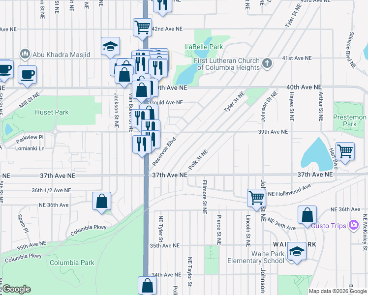 map of restaurants, bars, coffee shops, grocery stores, and more near 3855 Reservoir Boulevard in Minneapolis