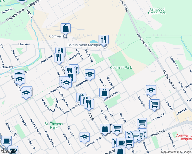 map of restaurants, bars, coffee shops, grocery stores, and more near 226 Sunnyside Avenue in Cornwall