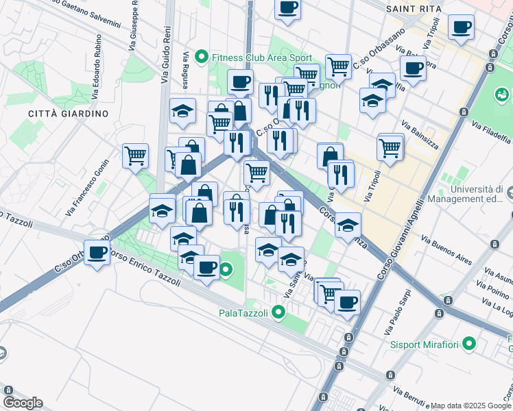 map of restaurants, bars, coffee shops, grocery stores, and more near 16-24 Via Don Bartolomeo Grazioli in Torino
