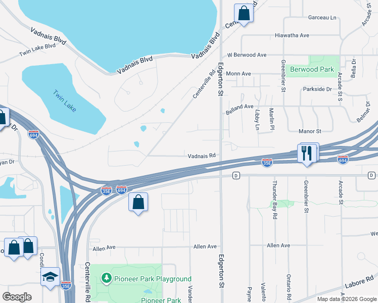 map of restaurants, bars, coffee shops, grocery stores, and more near 521 Vadnais Road in Vadnais Heights