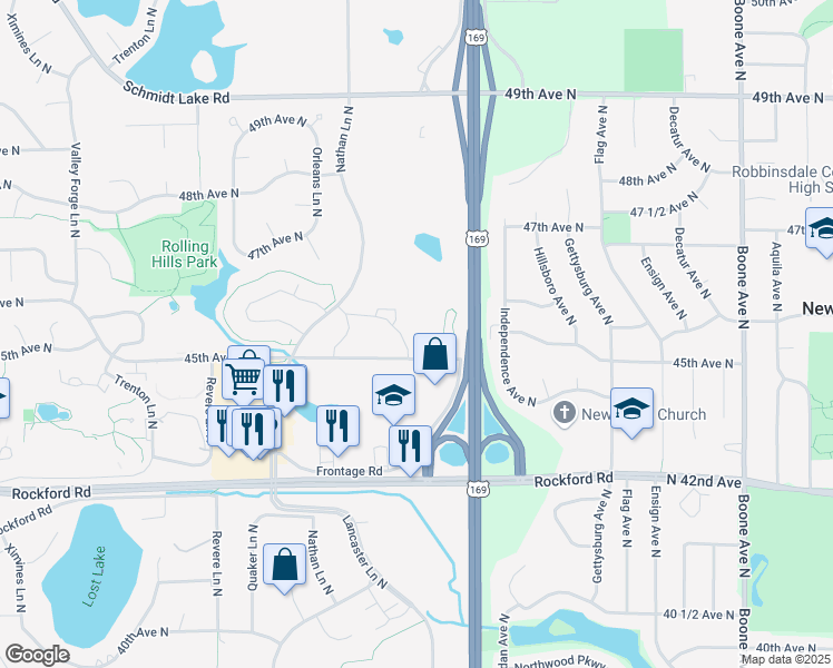 map of restaurants, bars, coffee shops, grocery stores, and more near 9700 45th Avenue North in Plymouth